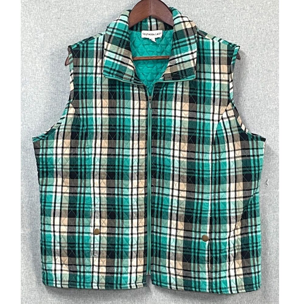Southern Lady XL Womens Quilted Plaid Vest Teal Black Zip Front Pockets